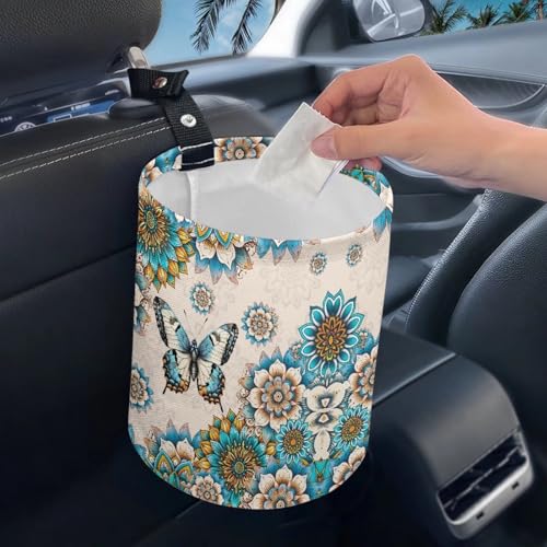 Image of Car Trash Can Car Bag Accessories Interior Butterfly Boho Flower Garbage Bin Hanging Portable Dustbin Bin Waste Basket Collapsible Small Trash Can Easy to Clean