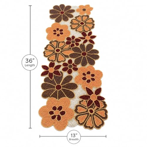 Image of MFU Made For You Hand Beaded Table Runner 13x36 inches for Dining Table, Special Occasions (13x36 Inches, Golden & Red Floral)