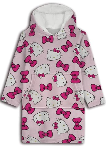 Aymax Sweat Plaid Hello Kitty Enfant, Sweat Poncho à Manches Longues Oversize en Flanelle Douce Capuche avec Sherpa. Taille Unique Enfant/Ado