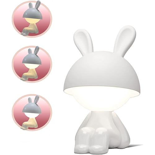 Night Light | Mini Desk Lamp | Table Lamps for Night Stands LED Cute Bunny 3 Level Dimmable Touch Light with Recharge Battery for Bedside Living Room Home Decor Girls Christmas Gifts(White)
