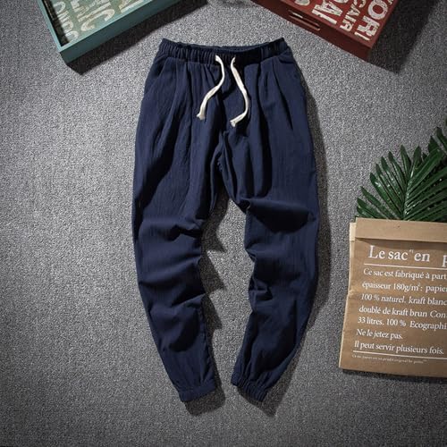 WENKOMG1 Mens Cotton Linen Pants Tapered Ankle Length Lightweight Breathable Japanese Style Streetwear Lounge Pants2
