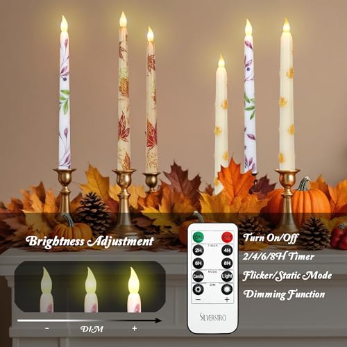 Image of Fall Decor LED Taper Candles with Remote Control & Timer Function, Embossed Autumn Maple Leaf Design Flameless Taper Candles for Home Party Autumn Decorations, Set of 2