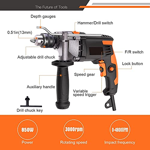 Taladro-Percutor-850W-3000RPM-Taladro-Electrico-con-Varios-Accesorios-y-Maletin-Portatil-Martillo-Taladro-2-Funciones-en-1-360-Empunadura-Giratoria-de-Metal