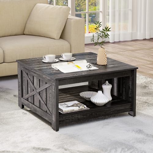 GOOBED Farmhouse Sqare Coffee Tables for Living Room with Storage, Grey Wash Coffee Table 2 Tier Spaciou Storage Shelf, Modern Center Table Small Coffee Tables, Dark Grey