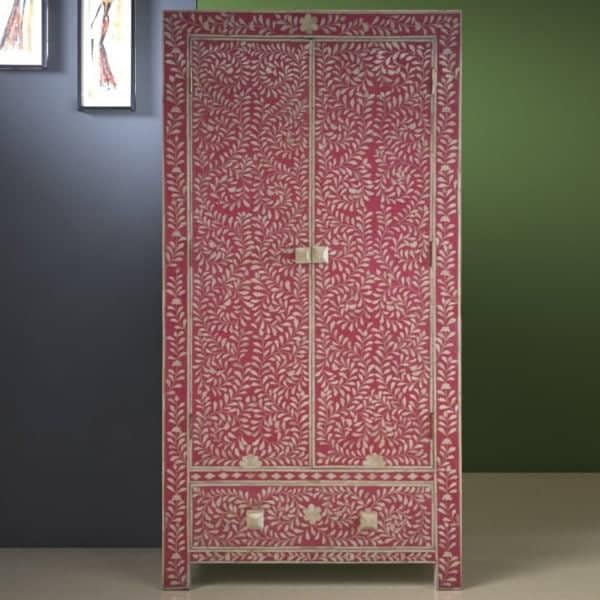 Handcrafted Bone Inlay Armoire with Floral Patterns - Pink-image-32