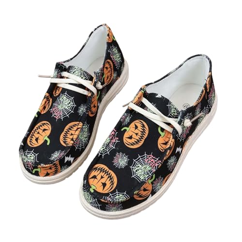 Women's Halloween Canvas Sneakers 2025,Skeleton Pumpkin Printed Low Top Lace up Walking Halloween Shoes Breathable Comfortable,Casual Flat Slip-On Shoes Pumpkin