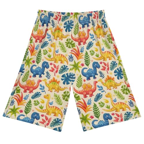 ALAZA Dinosaur Palm Tree Leaf Color Pajama Shorts Elastic Waist Casual Sleep Shorts with Pockets Size 6-14