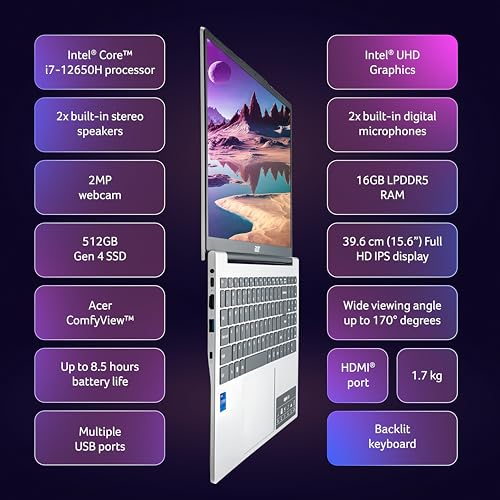 Image of acer Aspire Lite,12th Gen, Intel Core i7 12650H, Office 2024+M365 Basic, 16GB RAM, 512GB SSD, Full HD IPS, 15.6 inch /39.62 cm, Win 11 Home, Pure Silver, 1.7 KG, AL15-52H, Backlit KB, Thin & Light Laptop