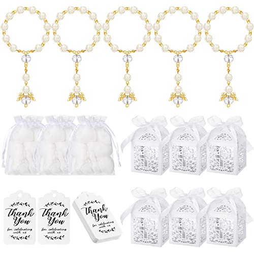 100 Pieces Rosaries Baptism Sets Includes 25 Pcs Mini Rosary Baptism Favors with Angel, 25 Pcs Baptism Favor Boxes, 25 Pcs Organza Bags and 25 Pcs Thank Kraft Tags for Baby Shower Decor (Gold)