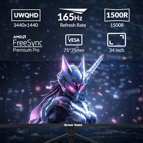 Image of Great voell 34-Inch Ultrawide Curved Monitor, WQHD 4K Display, 165Hz 21:9 Screen, AMD FreeSync, Eye-Care Tech, 4000:1 Deep Contrast, VESA Mountable,Panoramic for Office & Immersive Gaming
