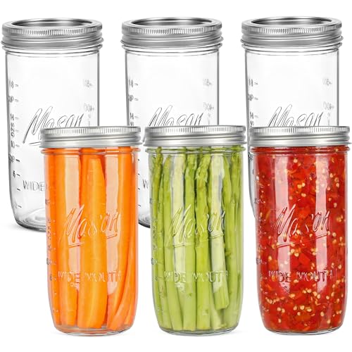 24 oz Wide Mouth Mason Jars - Canning Jars with Metal Airtight Lids and Bands 24 ounce Mason Glass Jars for Fermenting Pickling Meal Prep Overnight Oats Jam Jelly DIY Projects (6 pack)