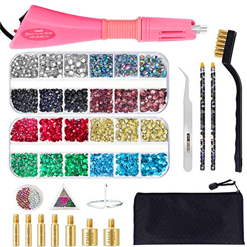 Hotfix Applicator Tool, Bedazzler Kit with DIY Hot Fix Rhinestones Include 7 Tips, Support Stand Tweezers Cleaning Brush Wax Pencils and 2400 Rhinestone
