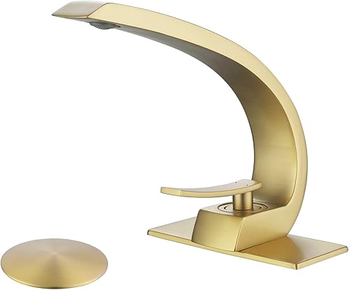 HMEGAO Grifo de baño de oro cepillado, moderno grifo de baño de un solo agujero, grifo de lavabo de latón de arco alto con 1 agujero o 3 agujeros de