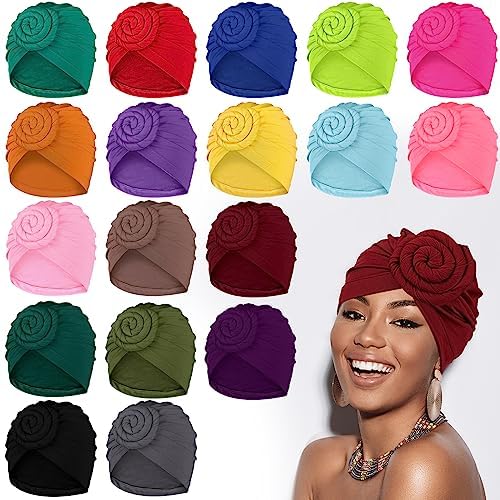 Jeyiour 18 Pcs Women Turban African Pre Tied Bonnet Hairwrap Flower Knot Bonnet Beanie Cap Turban Head Wraps Headband Hat