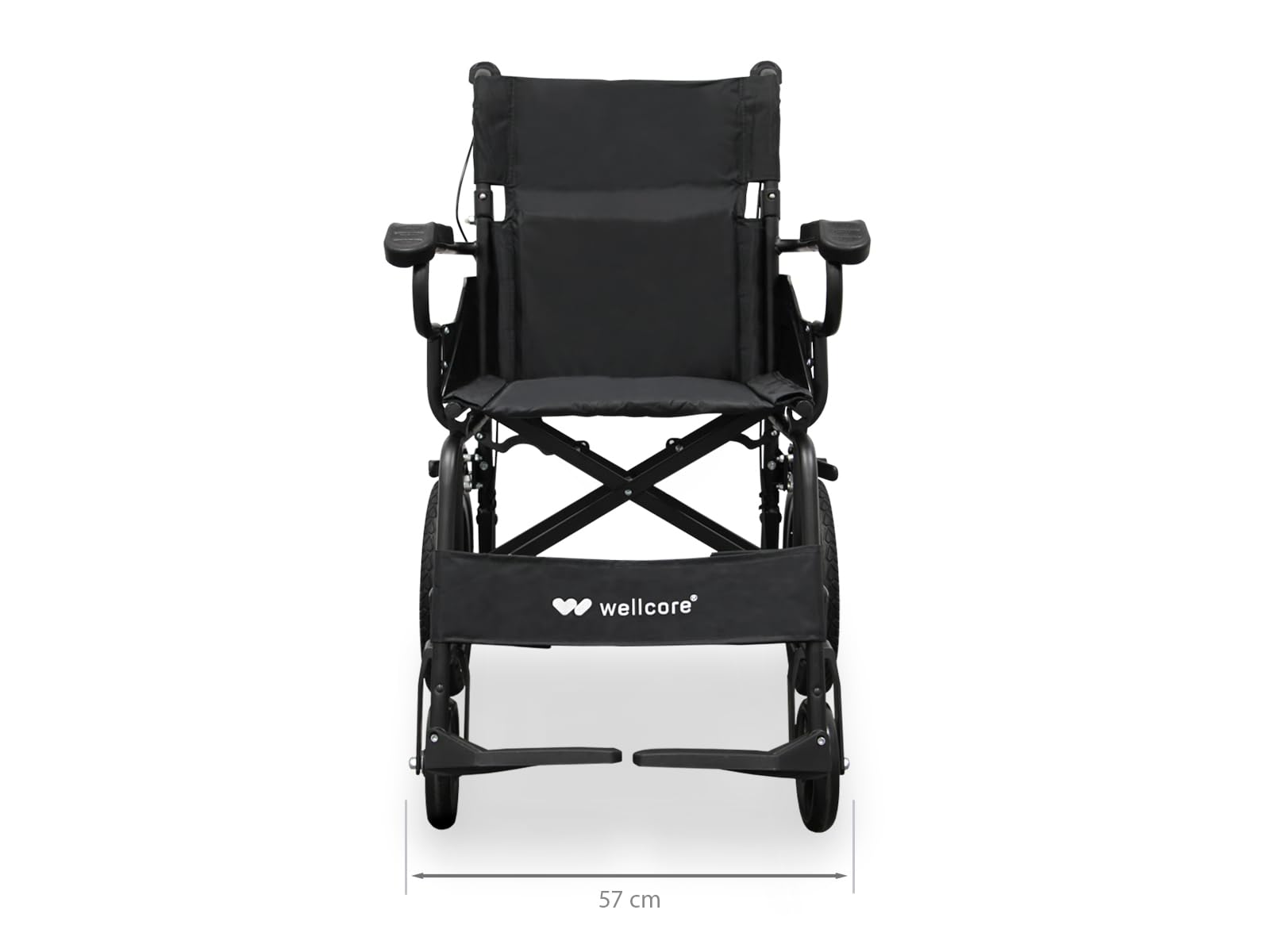 WELLCORE Fauteuil roulant de transfert pliant, châssis en acier, léger et compact, roues solides, freins à poignée, dossier pliable, largeur d'assise 46 cm, jusqu'à 100 kg.