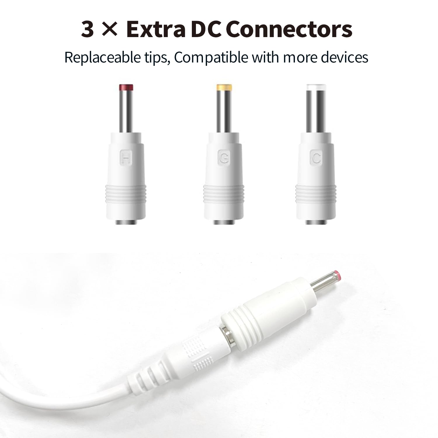 Tonton 12V DC Power Supply Adapter 3M(10ft),1A 12W AC/DC Power Adapter Cord, Power Plug DC Male 5.5x2.1mm With 8 Tips For LED Strip Light, CCTV Camera, BT Speaker, GPS, Webcam, Router (White