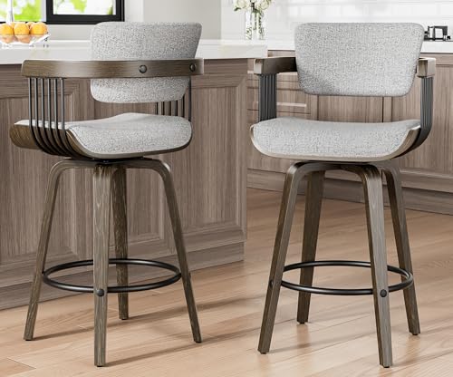 Butacos YaFiti, Set de 2, Giratorios, Altura 26 pulgadas, Tapizados en Tela de Lino, Asiento Acolchado, Espalda Ergonómica, Apoyabrazos de Madera, Patas de Madera Curvada, Reposapiés, Estilo Mid-Century Modern miniatura 1