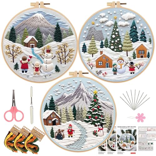 Image of LB Christmas Embroidery Kit for Beginners Adults, 3 Sets Hand Embroidery Starter Kit with Mountain Pattern and Instructions Stamped Cross Stitch Kits Include Embroidery Hoop Needles Threads Scissors