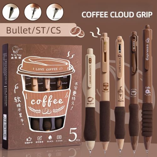 Image of Coffee Blue Gel Pen Set of 5 Soft Grip Retractable Aesthetic Kawaii Japanese Cute Gel Pens Fancy Cool Best Stationery Gel Pens for School Office Writing