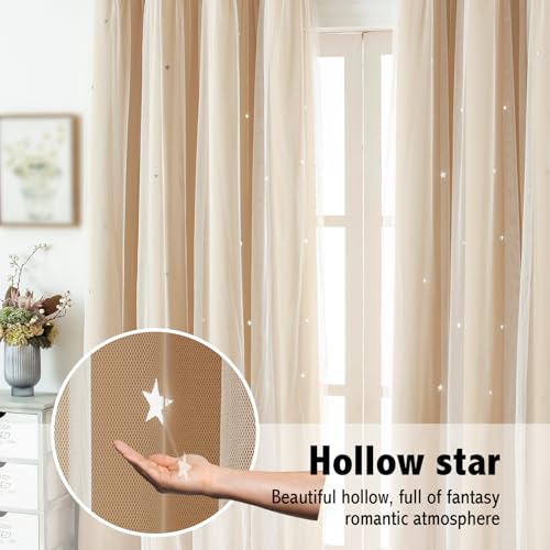 Image of indistar Star Cutout Kids Window Blackout Curtains for Girl Bedroom Window Room Darkening Curtains & Drapes Baby Nursery Curtains (2 Panel, 52W x 95L inch,Beige)