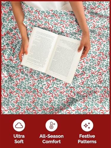 Queen Christmas Ribbon Sheet Set - Holiday Xmas Pattern Bedding Set - Deep Pockets - Snug Fit - 4 Piece - Wrinkle Free & Easy Care - Comfy Festive Winter - Holiday Sheets for Women, Men, Kids & Teens