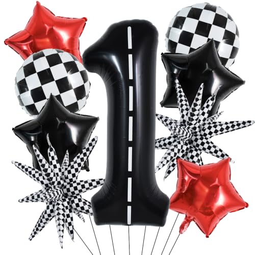 Image of TONIFUL Race Car Party Balloons Set - 40 Inch Racetrack Number 1 Foil Balloon with Checkered & Star Balloons for Boys 1st Birthday Car Themed Decorations, Baby Shower Photo Backdrop Supplies