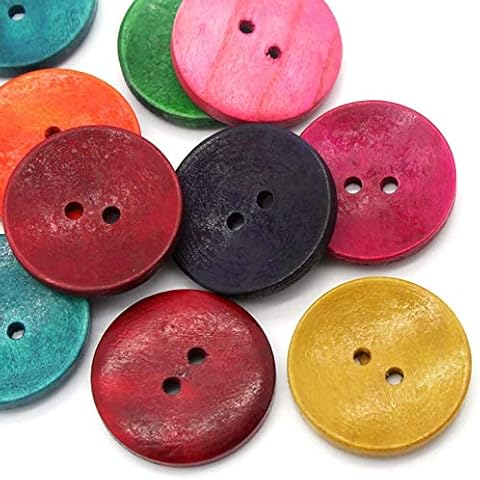HOUSWEETY 50PCs Wood Sewing Buttons Scrapbooking 2 Holes Round Mixed 3cm(1 1/8") Dia Cover