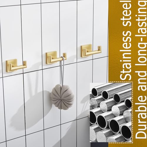 Image of KOKOSIRI Robe Hooks Bathroom Double Towel Coat Hook for Bath Kitchen Wall Mounted, 3 Pack Brushed Gold Stainless Steel B1015BG-P3