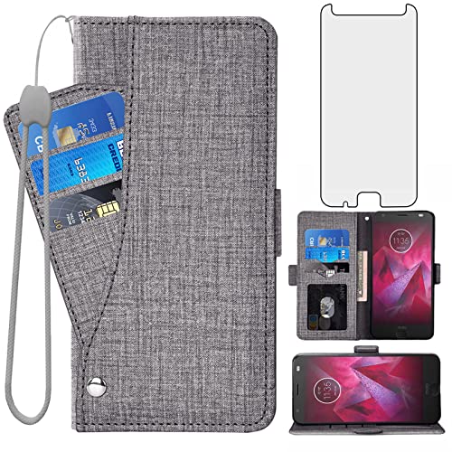 Asuwish Compatible with Moto Z2 Play Wallet Case Tempered Glass Screen Protector and Leather Flip Card Holder Cell Phone Cover for Motorola MotoZ2Play Droid MotoZ2 2Play Z 2 2Z Z2play Women Men Gray