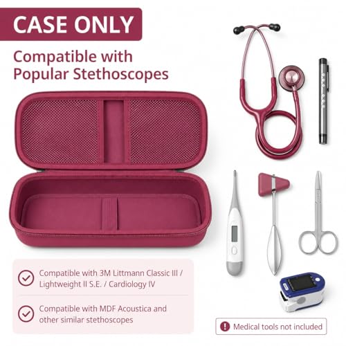Image of Stethoscope Case Compatible with 3M Littmann Classic III Monitoring /Lightweight II S.E /Cardiology IV Diagnostic /MDF Acoustica Stethoscopes, Extra Pocket for Doctor & Nurse Accessories (Wine Red)