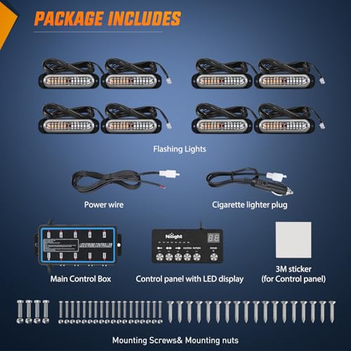 Image of Nilight 8PCS Led Strobe Lights with Controller 12V 24V Sync Amber Green | 12 LED Surface Mount Emergency Hazard Warning Lights with Strobe Controller for Vehicle Car Truck RV ATV
