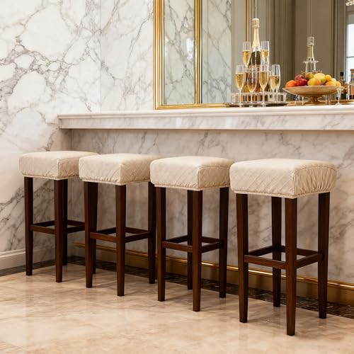 Image of Waterproof Rectangle Bar Stool Covers Set of 4 Stretch Beige Diamond Jacquard Backless Barstool Chair Covers Washable