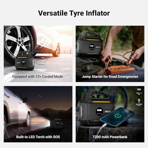 Image of Dylect Smart Tyre Inflator with Jump Starter DC 14.8V | 7200mAh Battery | Power Bank | 150PSI | Digital Display | AC /DC Supported | C Type Charging | Auto Cut-Off