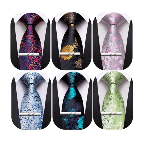 Image of Barry.Wang Mens 6 PCS Ties Silk Striped Paisley Check Floral Necktie Silky Woven Wedding Business Party Ties 3.34 inch