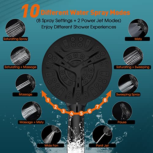 High Pressure Shower Head With Handheld, 59 Inch Stainless Steel Shower Hose, 10 Functions Powerful Shower Spray, Anti-Clog Nozzles, Built-In Power Wash To Clean Tub Top, Tile & Pets (Matte Black) #TOP1