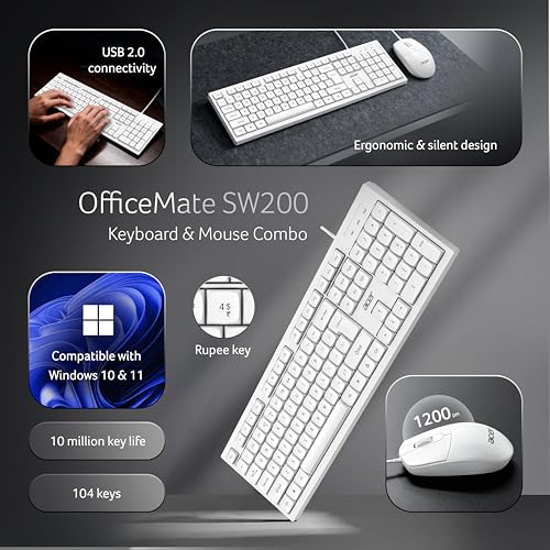 Image of Acer OfficeMate Wired Keyboard Mouse Combo | 104 Keys Full Size Keyboard | 1200 DPI Optical Mouse | USB Plug & Play | Silent Soft Touch Keys | Ergonomic Design | Windows Compatible I White