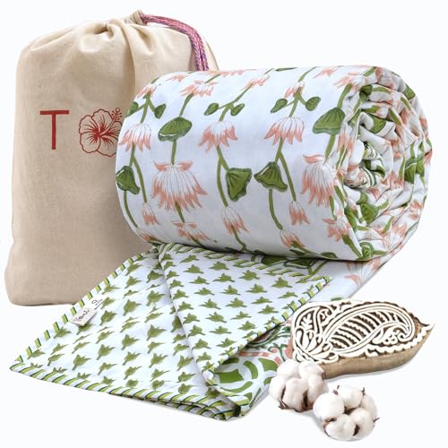 Image of TOAIArt Premium Jaipuri Dohar | AC Blanket Summer Quilt | Hand Block Printed | 3 Layers | Reversible | 150GSM 100% Mulmul Cotton | 100% Cotton Flannel Filling | King 108 inch X 90 inch | Lotus Vines