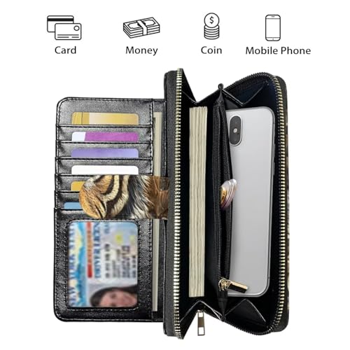 Image of COEQINE Ladies Wallets Pink Leopard Heart Black Printed Leather Phone Long Clutch Purses Check Coin Change Holder