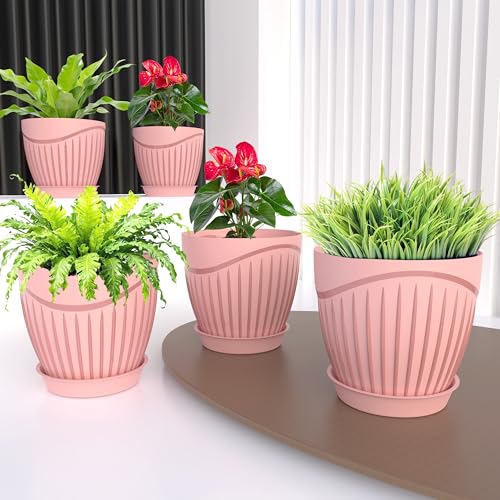 Image of ELUVIA Plastic Plant Pots with Drainage Holes and Trays - Set of 5 (6 Inch) - Minimalist Decorative Indoor Flower Pots for Living Room, Balcony & Office Garden (Pink)