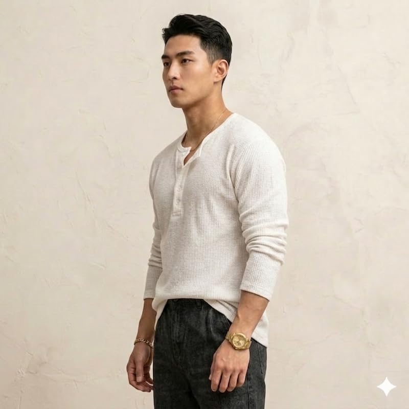 Image of Imsa Moda Men's Textured Fabric Solid Half-Open Collar T-Shirt | Full Sleeve Casual Shirt for Men | Comfortable Fall Wear