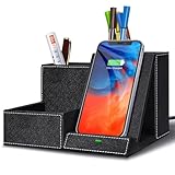 TopMade Wireless Charger with Desk Nightstand Organizer, PU Leather Pen Pencil Holder Fast Charging Station, Office Supplies for Iphone Charging Stand, Anniversary Birthday Gifts for Men(Black)