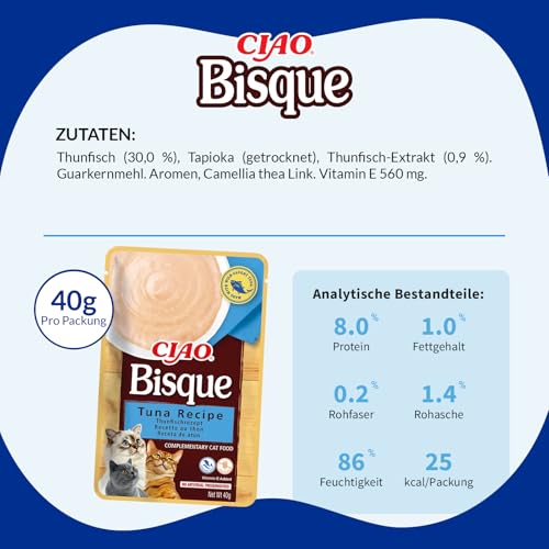 INABA Ciao Bisque Katzenfutter Nass Kalorienarm mit 30% Thunfisch | Getreidefrei, Zuckerfrei, Keine Nebenerzeugnisse, Cremige Paste und Leckere Katzensuppe aus Japan 40 g (12er Pack)