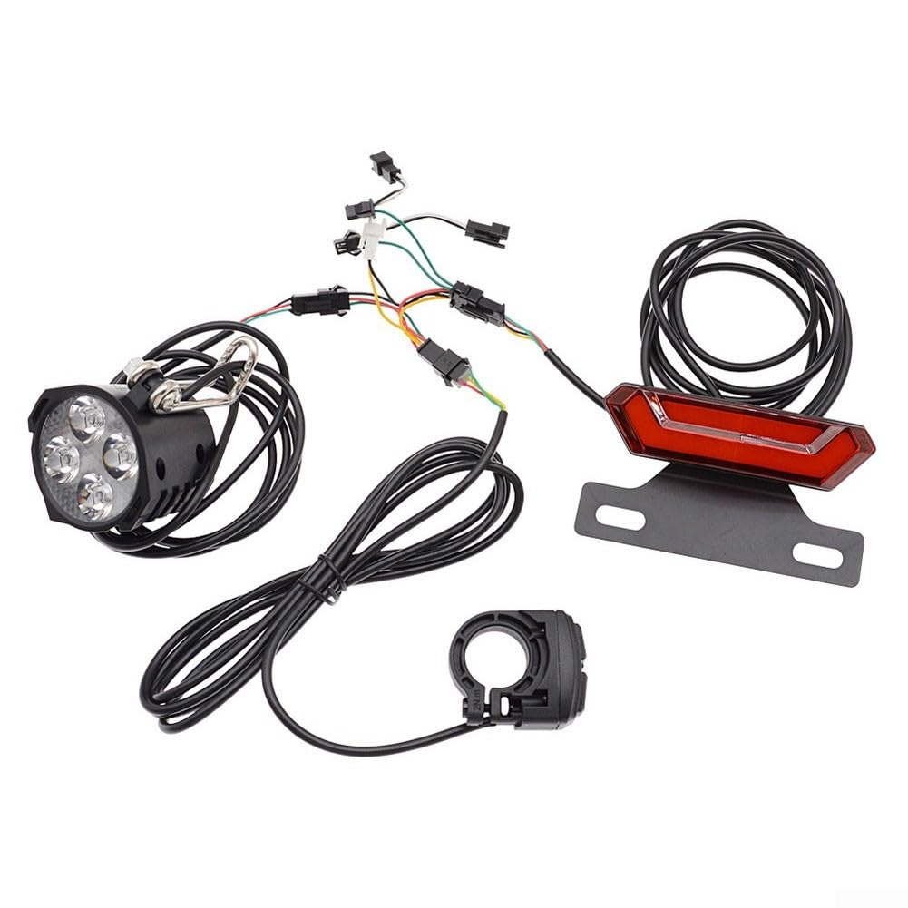 Kit di luci per bici elettrica da 24 V-48 V con interruttore a clacson, set di fari a LED impermeabili e fanale posteriore per bicicletta elettrica, cavo da 1500 mm, luci di sicurezza per guida