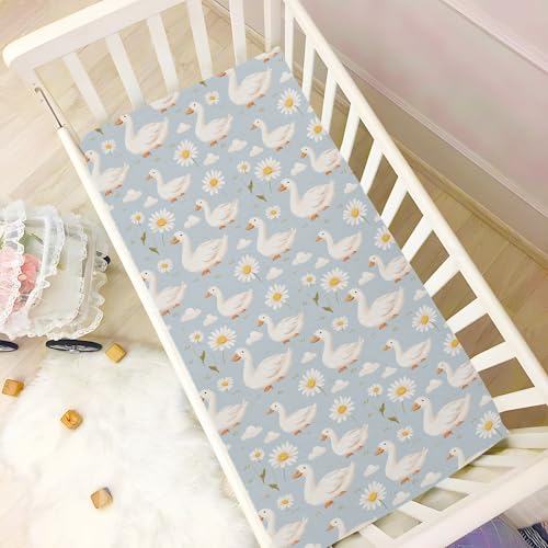 Image of Baby Crib Sheet Cute Goose Flowers Crib Mattress for Boys and Girls Playard Sheet Soft Breathable Fitted Baby Mattress Cover 52x28in