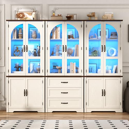 Image of 75 inch Tall Farmhouse Pantry Cabinet with LED Lights,6 Doors Wood Storage Cabinet w Arched Glass Doors /Drawers,Pantry Organizers and Storage,Rustic Wood Cupboard for Kitchen,Dining Room(White)