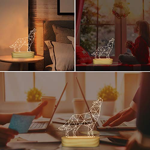 Wolves Gifts,3D Optical Illusion Wolf Lamp Animal LED Night Light for Kids Boys Men Bedroom Decoration,USB Power Warm White Color Table Lamps,Yellow