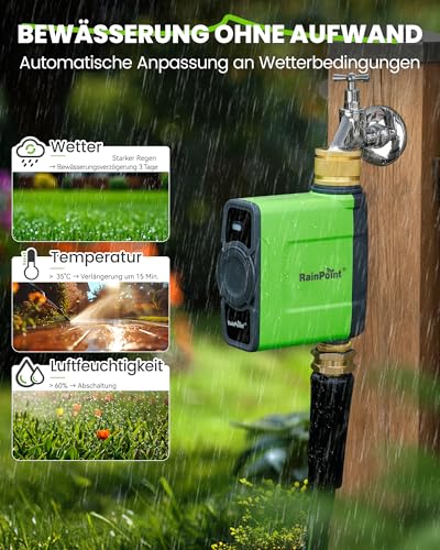 RAINPOINT Bewässerungscomputer WLAN mit Messing Einlass und Auslass, Smart Bewässerungssteuerung, APP/Sprachsteuerung, Wetterbasiert, Automatisches Bewässerung für Garten Rasen, 6 Zeitplänen