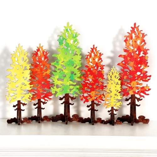 6 Pcs Mini Fall Wooden Trees Tabletop Decoration Autumn Tree Table Centerpieces Rustic Wood Fall Pine Trees Red Green Yellow Holiday Ornaments Farmhouse Wood Block Sign for Home Shelf Mantel Decor