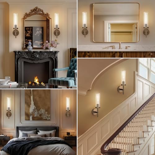 Image of Bronze Wall Sconces, 15'' Brushed Brass Knurled Bathroom Sconces Wall Lighting Vanity Light with Clear Glass, Indoor Wall Mount Light for Living Room Mirror Bedroom Stairs