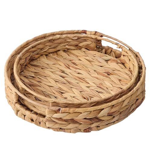 Water Hyacinth Serving Tray Set of 2 - Hand-Weaving Wicker With Handle, Natural Grass Weaving for Storage or Decoration, Coffee Table, Living Room and Kitchen (Round)